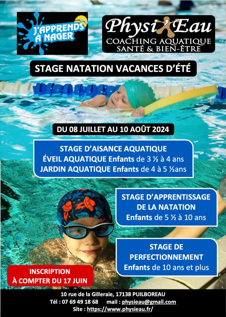 Stage Natation enfant du 8 juillet au 10 août 2024 piscine Physieau La Rochelle Puilboreau