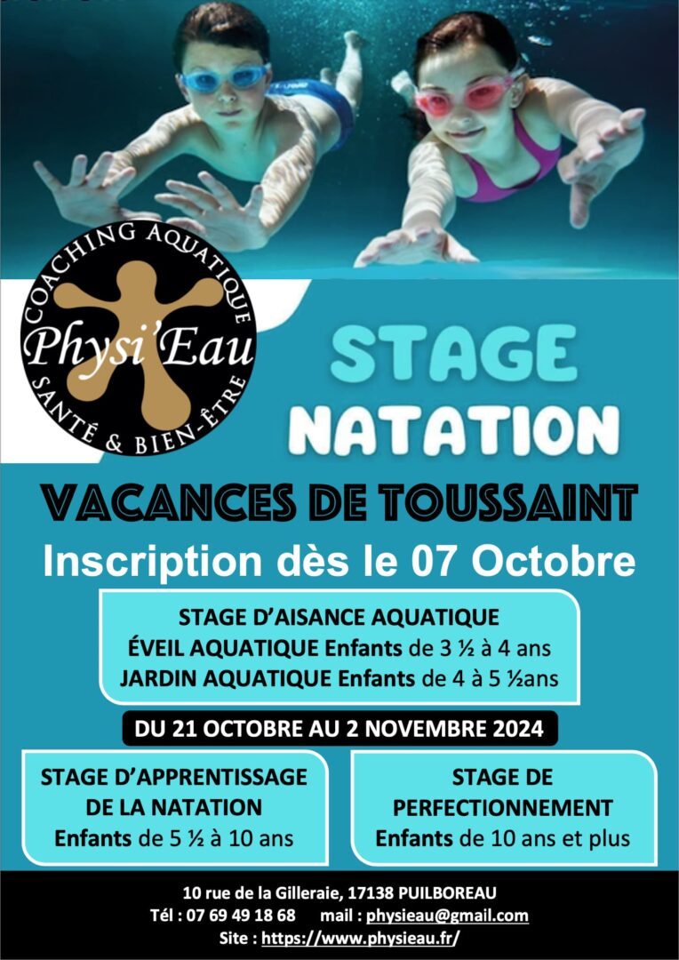 Stage Natation enfant du 21 octobre au 2 novembre 2024 piscine Physieau La Rochelle Puilboreau